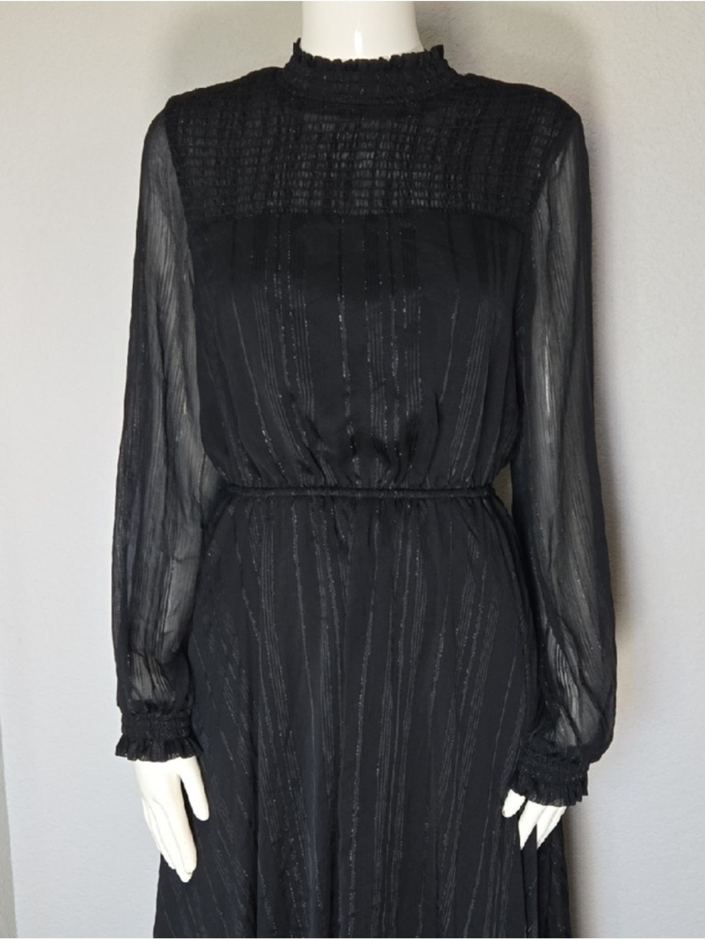 Nanette Lepore Sheer Long-Sleeve Handkerchief Hem Dress, Black w Silver, Sz 8 - Picture 3 of 9